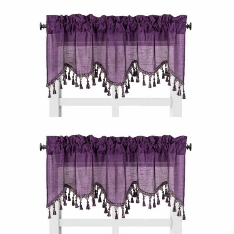 Solid Faux Silk Swag Waterfall Cascade Ascot Window Curtain Valance W/Tassels Trim 55' X18' Wave (2, Plum)