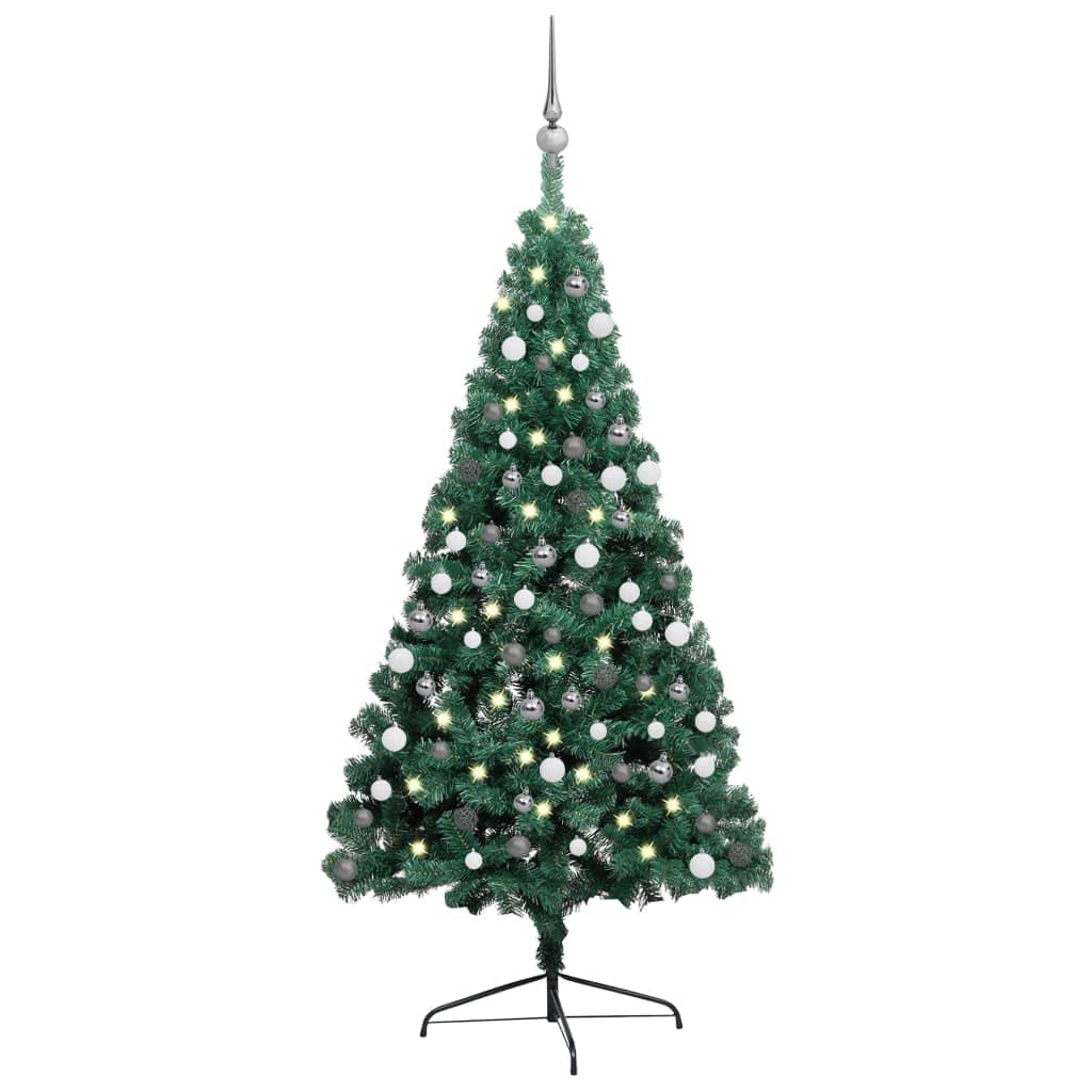 vidaXL Half Shape Artificial Christmas Tree Pre-lit with LED Lights, PVC Green Xmas Tree with Steel Stand and Decoration Balls