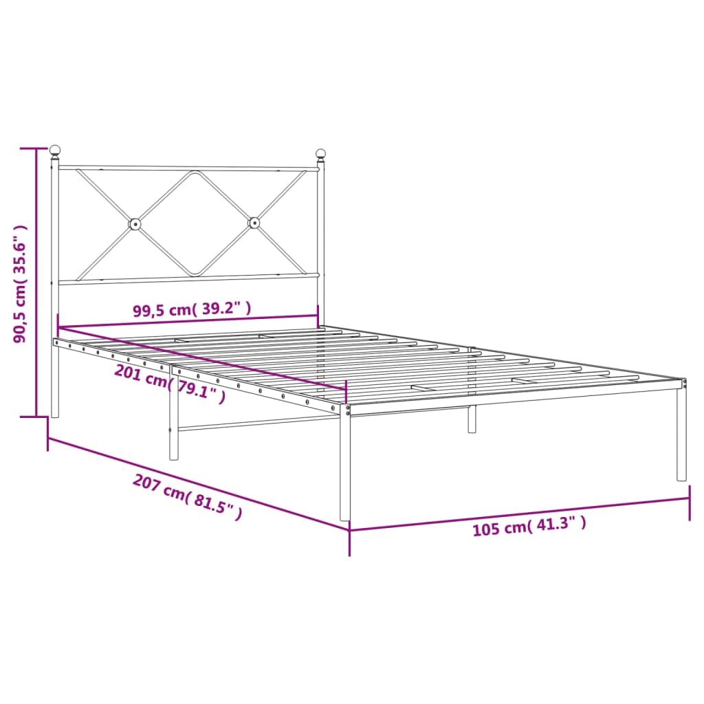 vidaXL Metal Bed Frame with Headboard - Black Powder-Coated Steel, 39.4&quot;x78.7&quot; Mattress Support, Bedroom Furniture for Modern Decor