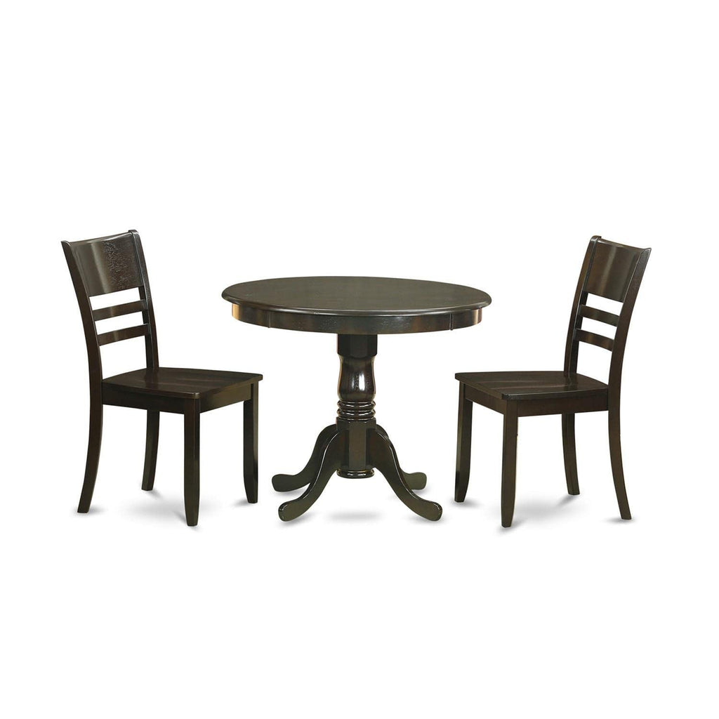 East West Furniture ANLY3-CAP-W 3 Piece Kitchen Table & Chairs Set Contains a Round Dining Room Table with Pedestal and 2 Dining Room Chairs, 36x36 Inch, Cappuccino