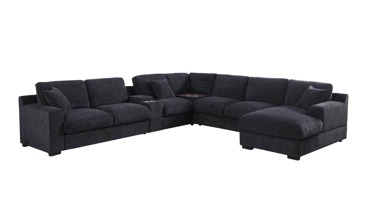 Lilola Home Celine Dark Gray Chenille Fabric Corner Sectional Sofa with Right-Facing Chaise, Cupholders, and Charging Ports