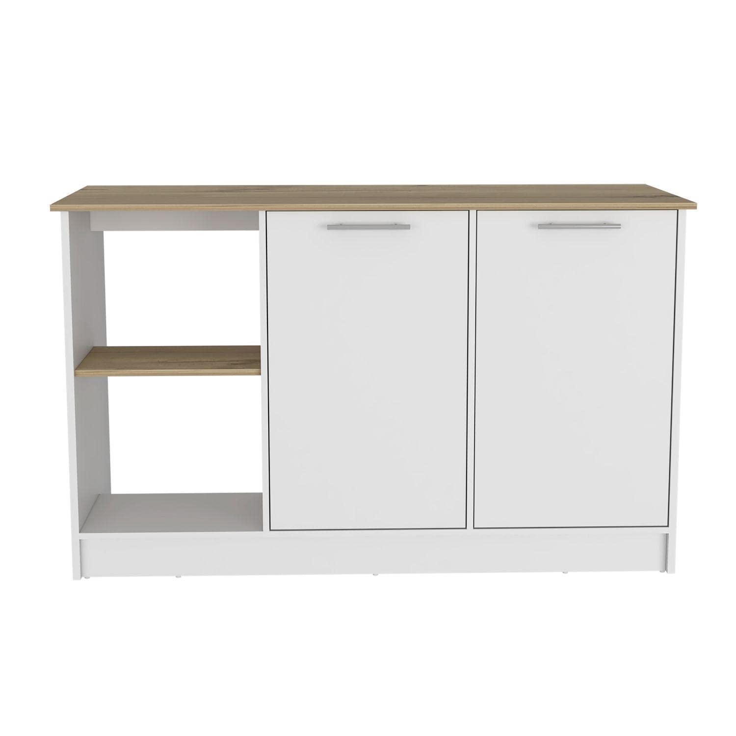 DEPOT E-SHOP Coral Kitchen Island with Large Countertop, Open Storage Shelves, Double Door Cabinet, White/Light Oak - Kitchen