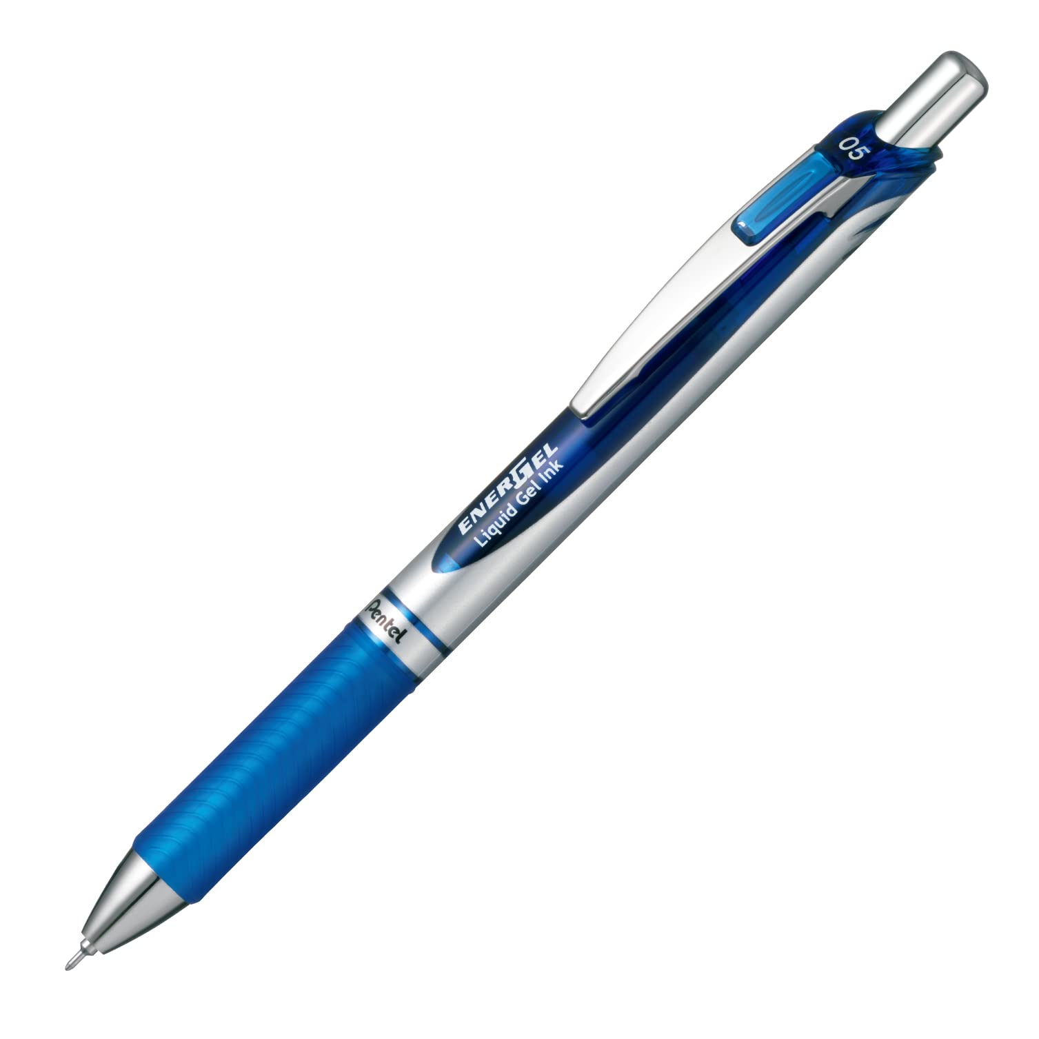 Pentel Energel Knock Ballpoint Pen, 0.5Mm Needle Tip, Blue Ink, Silver Body With Blue Accent (Bln75Z-C)