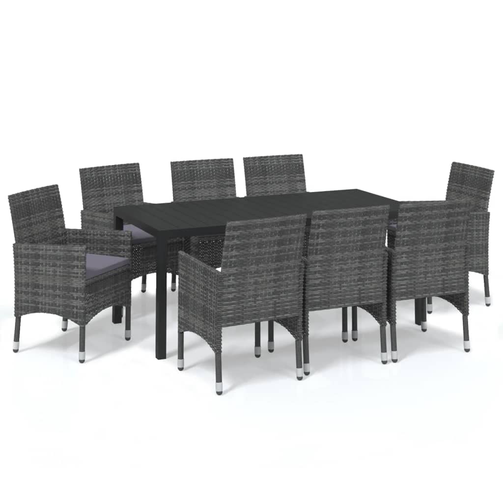 vidaXL Patio Dining Set 9 Piece with Cushions Garden Outdoor Terrace Balcony Dining Table and Chair Seat Seating Furniture Poly Rattan Gray