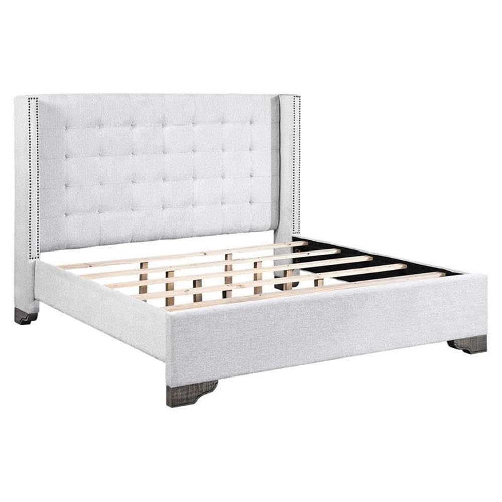 Acme Artesia Tufted Fabric Eastern King Platform Bed in Tan and Salvaged Natural