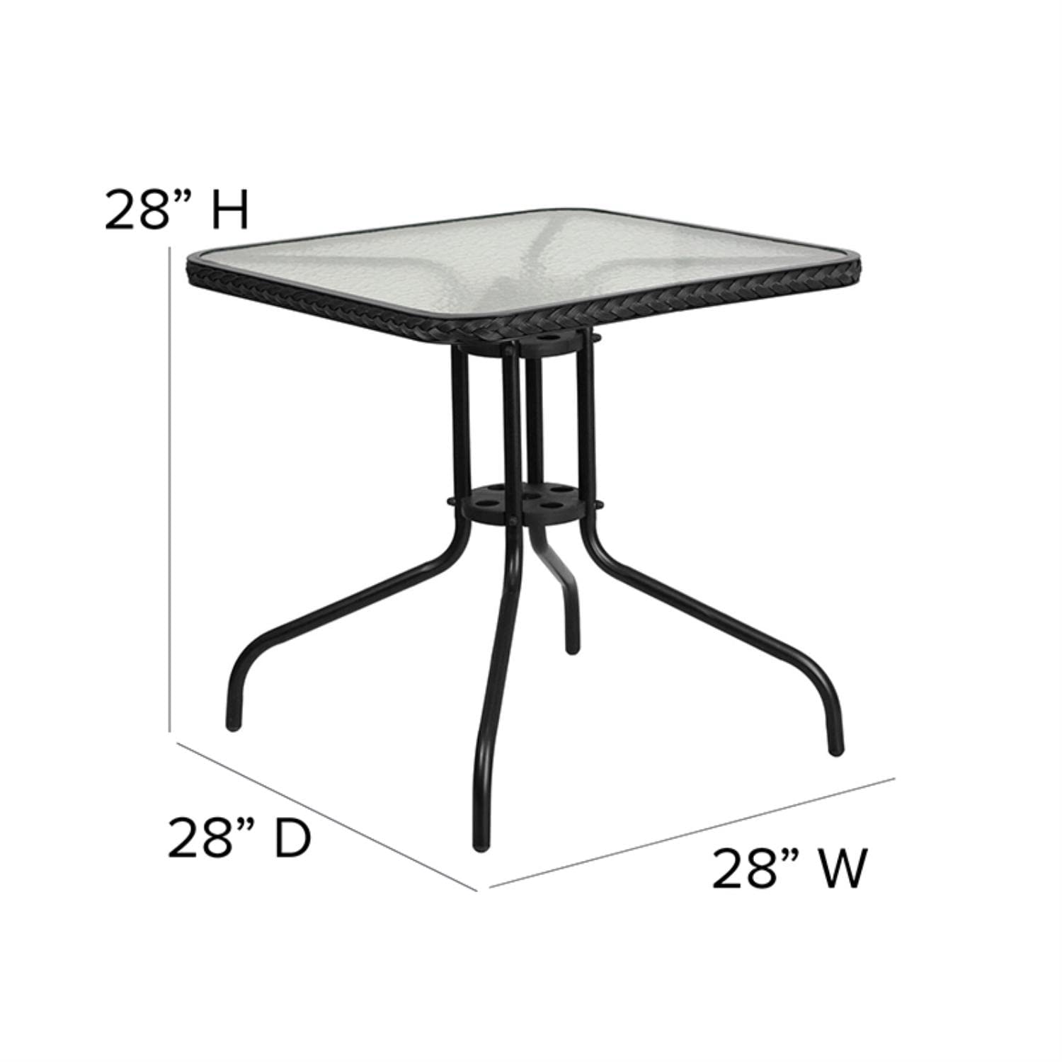 Flash Furniture Barker 28'' Square Tempered Glass Metal Table with Black Rattan Edging