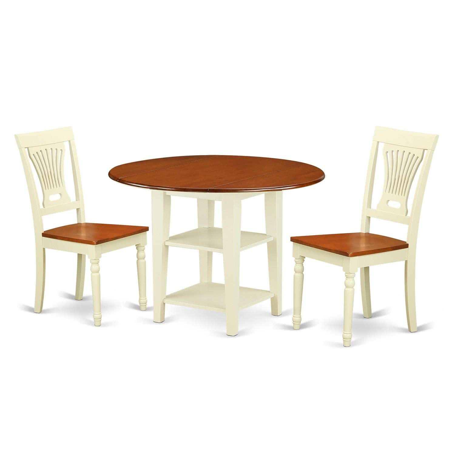 East West Furniture Supl3-Bmk-W 3 Piece Kitchen Table & Chairs Set Contains A Round Dining Room Table With Dropleaf & Shelves And 2 Solid Wood Seat Chairs, 42X42 Inch, Buttermilk & Cherry