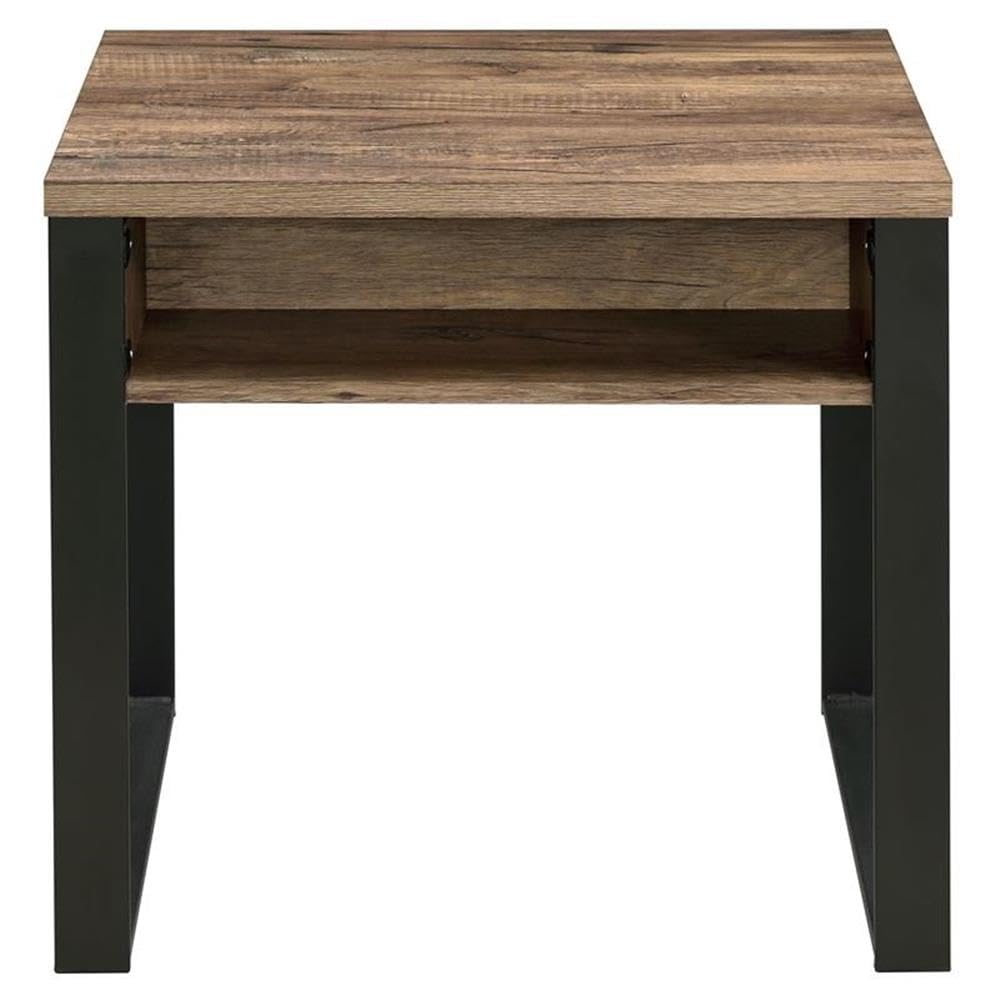 Acme Aflo Square Wooden End Table With Storage Drawer In Weathered Oak And Black