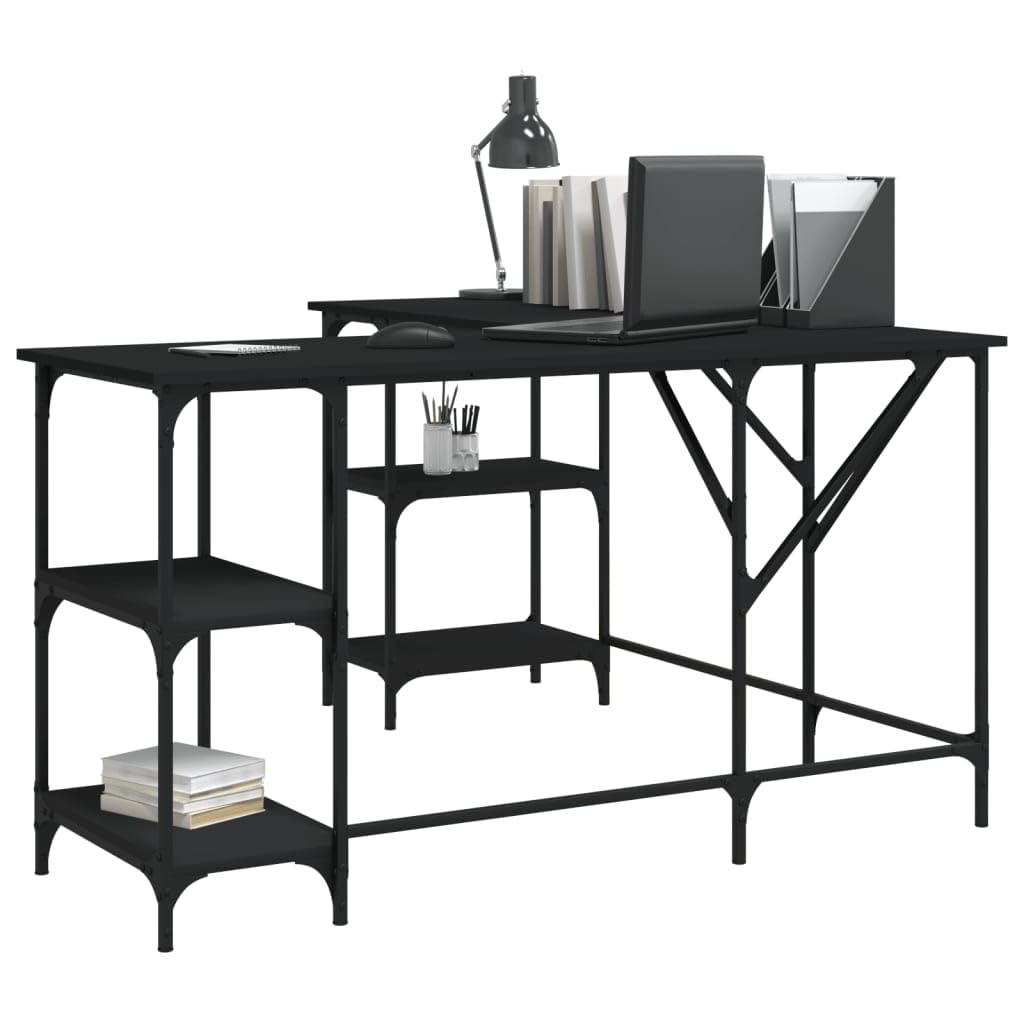 vidaXL Desk Storage L-Shape Computer Table with Shelves Black Engineered Wood