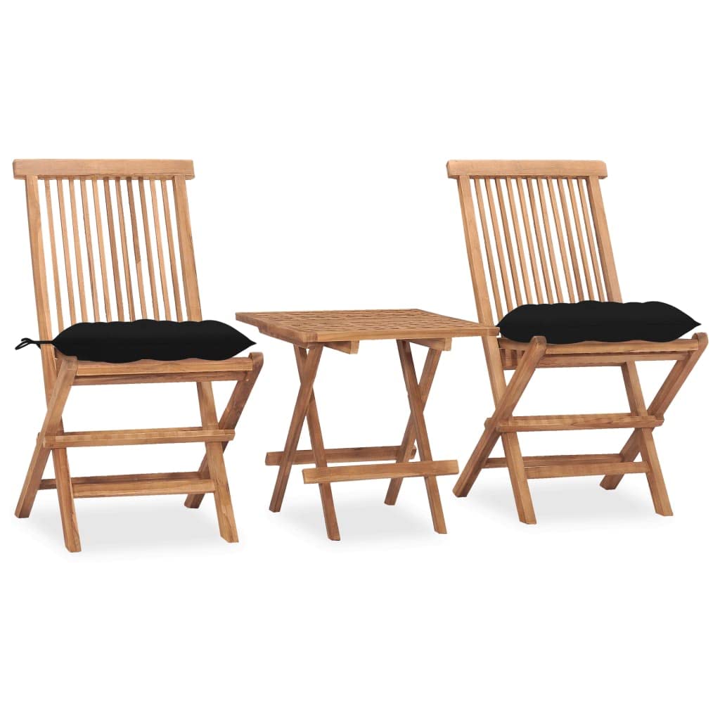 vidaXL 3-Piece Folding Patio Dining Set with Cushions - Solid Teak Wood, Black Polyester Cushions, Space-Saving Design for Garden, Terrace, Balcony
