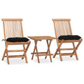 vidaXL 3-Piece Folding Patio Dining Set with Cushions - Solid Teak Wood, Black Polyester Cushions, Space-Saving Design for Garden, Terrace, Balcony