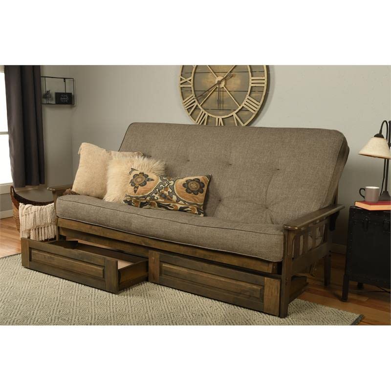 Kodiak Tucson Queen Futon Frame with Storage Drawers - Wood Futon Set with Mattress Included in Stone Color
