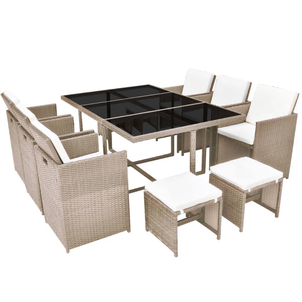 vidaXL Patio Dining Set 11 Piece, Table and Chair for Garden Balcony Porch, Outdoor Dining Set with Cushions, Stool, Poly Rattan Beige