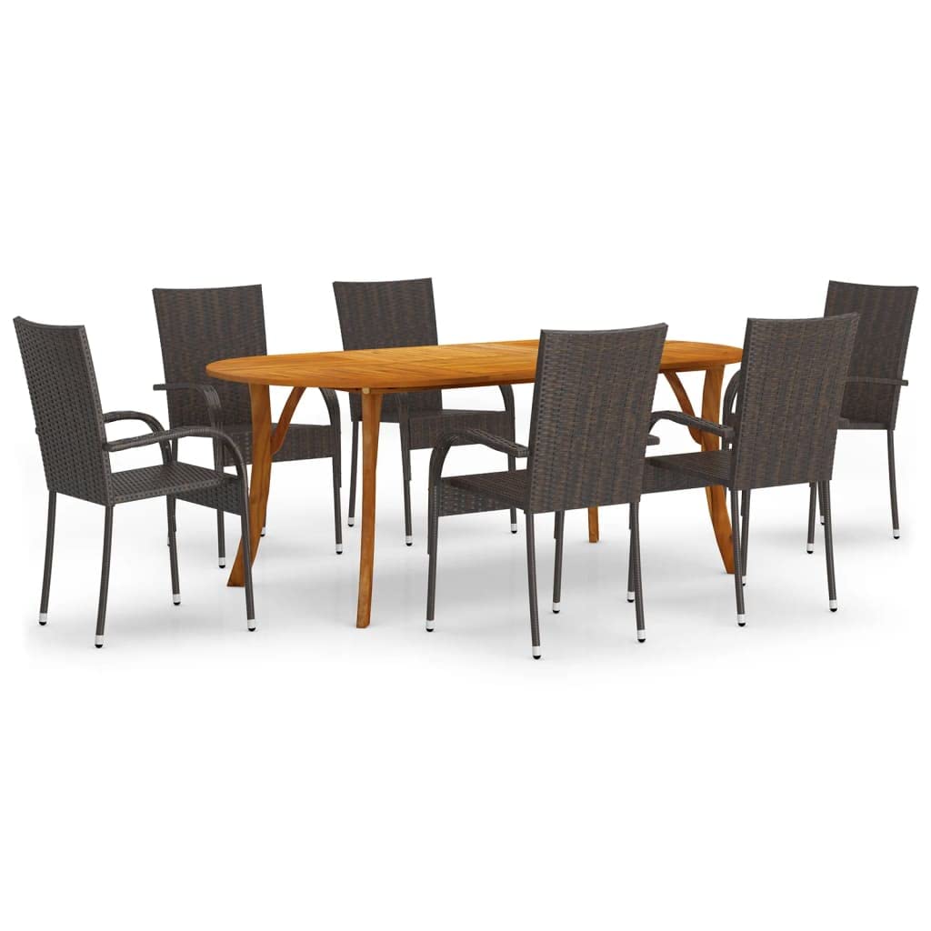 vidaXL 7 Piece Patio Dining Set in Brown - Solid Acacia Wood Table, PE-Rattan Upholstered Chairs, Stylish and Outdoor-Ready Furniture Set for Patios