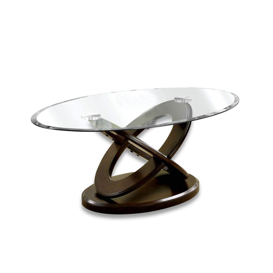 Benjara Glass Top Coffee Table With Cross Oval Base, Brown And Clear