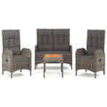 vidaXL Patio Dining Set 4 Piece, Wicker Dining Table and Chair with Cushions, Reclining Chair for Lawn Backyard Garden, Gray Pol