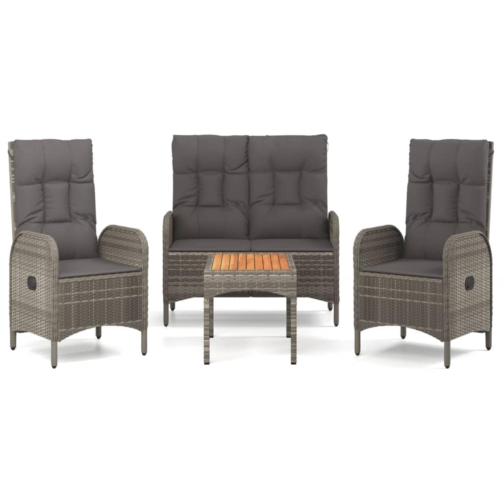 vidaXL Patio Dining Set 4 Piece, Wicker Dining Table and Chair with Cushions, Reclining Chair for Lawn Backyard Garden, Gray Pol
