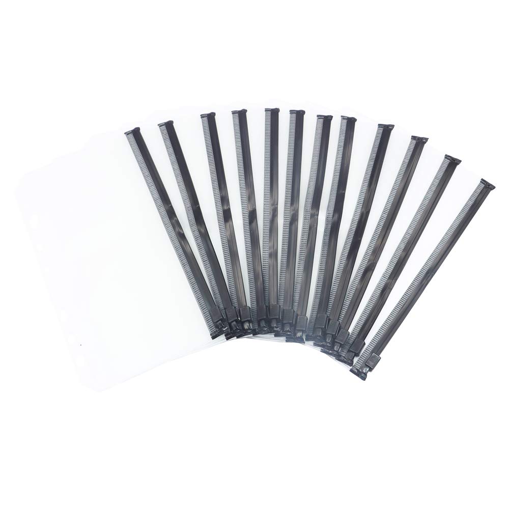 12Pcs A6 Binder Pockets Cash Envelopes Black Zipper Pouch Loose Leaf Bags 6 Hole Pvc Zip Folder For 6-Ring Budget Binder Inserts