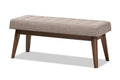 Baxton Studio Elia Mid-Century Modern Walnut Wood Light Grey Fabric Button-Tufted Bench, 17.72 in High, 42.99 in Wide, 15.98 in Deep