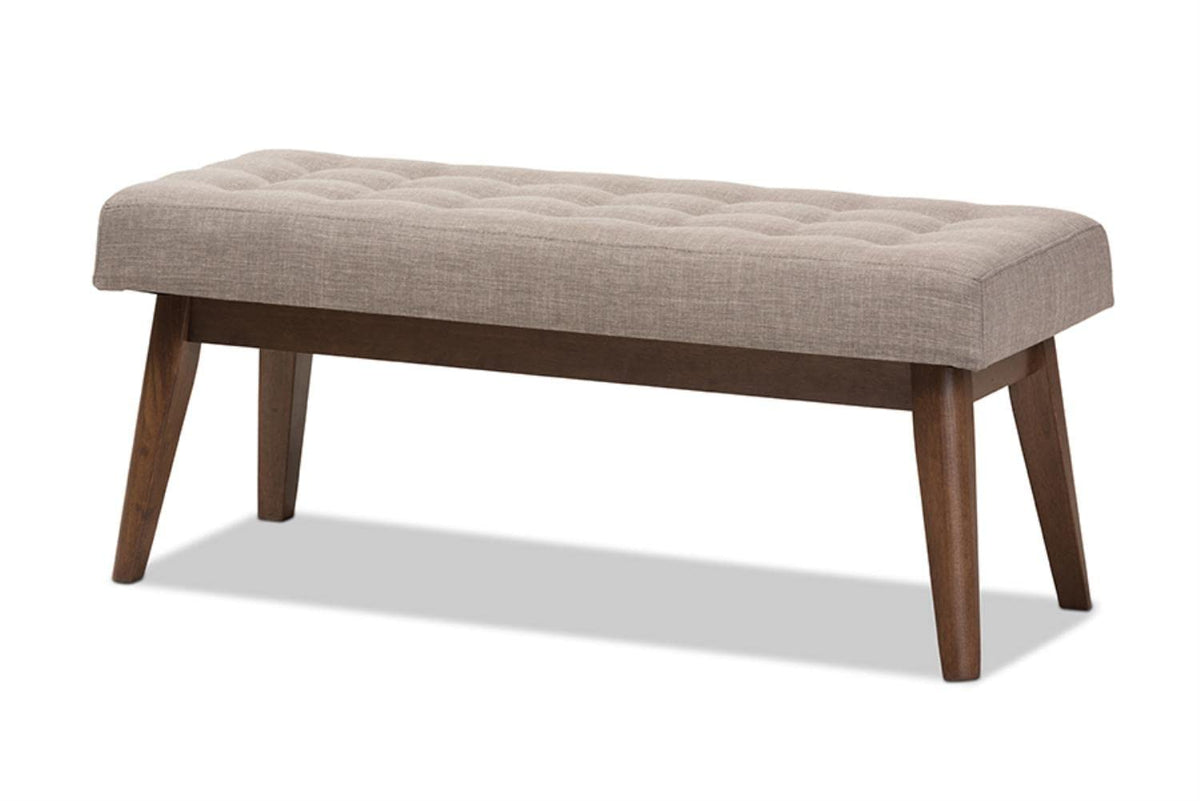 Baxton Studio Elia Mid-Century Modern Walnut Wood Light Grey Fabric Button-Tufted Bench, 17.72 in High, 42.99 in Wide, 15.98 in Deep