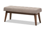 Baxton Studio Elia Mid-Century Modern Walnut Wood Light Grey Fabric Button-Tufted Bench, 17.72 in High, 42.99 in Wide, 15.98 in Deep