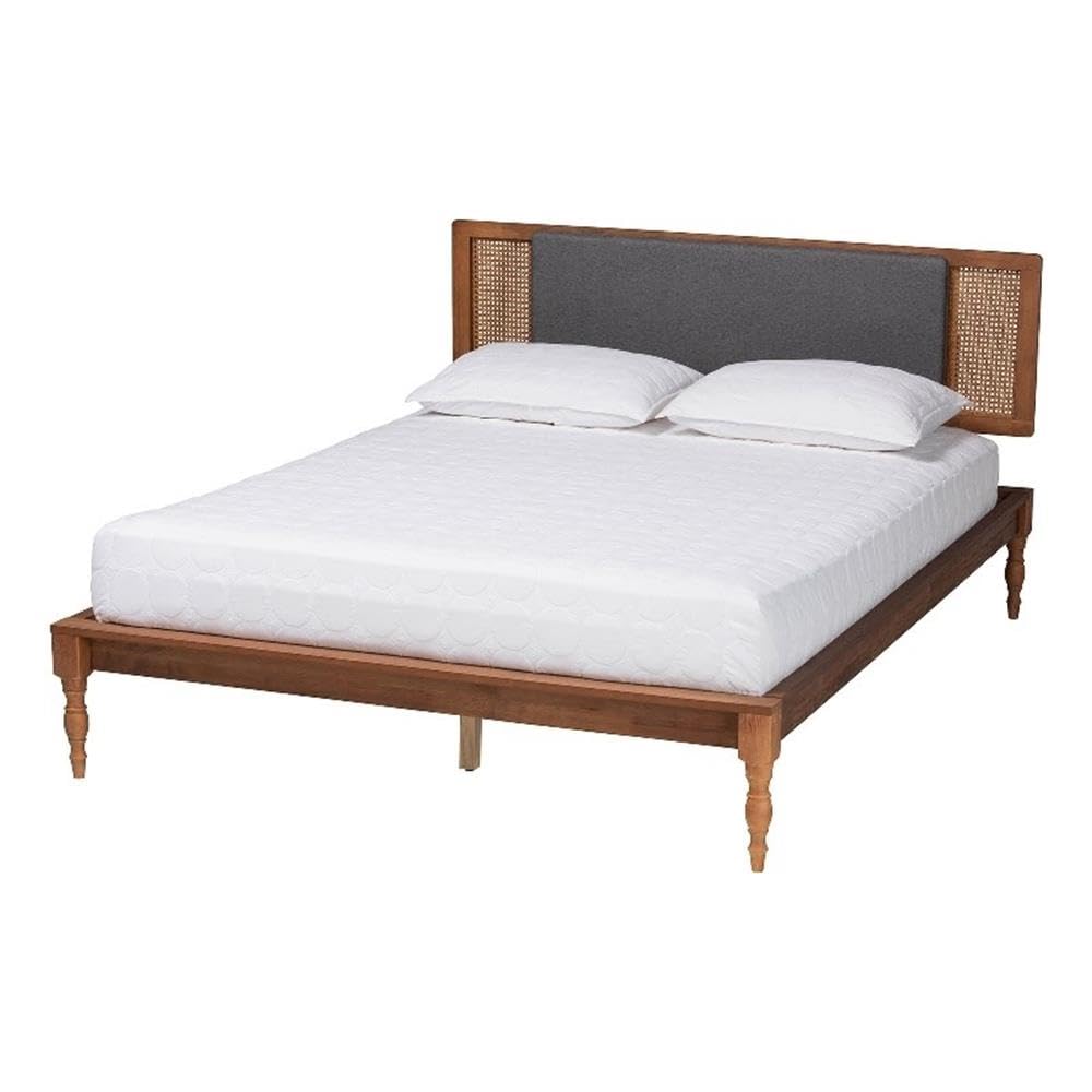 Baxton Studio Eliseo Mid-Century Modern Dark Grey Fabric and Walnut Brown Finished Wood Full Size Platform Bed