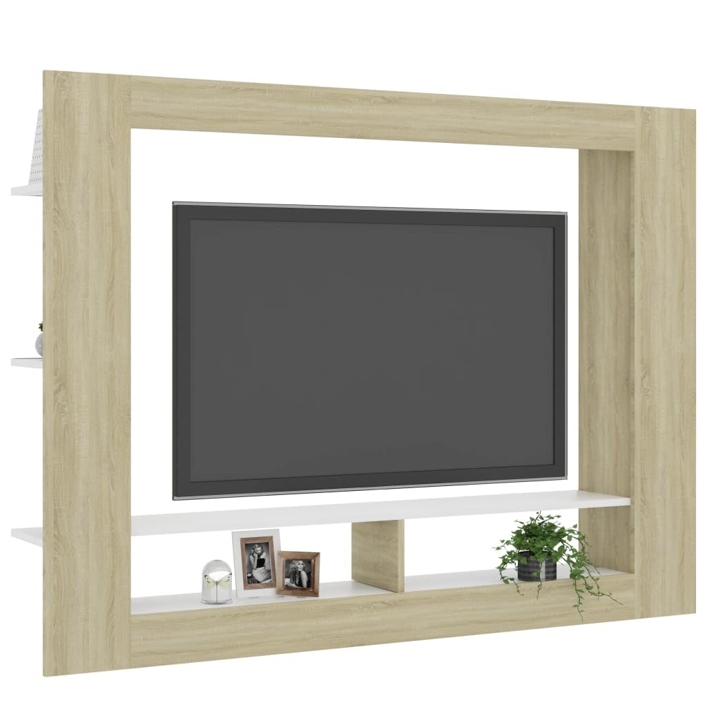 vidaXL Modern TV Stand – Engineered Wood Entertainment Unit with Spacious Shelves – White and Sonoma Oak, 59.8&quot;x8.7&quot;x44.5&quot;