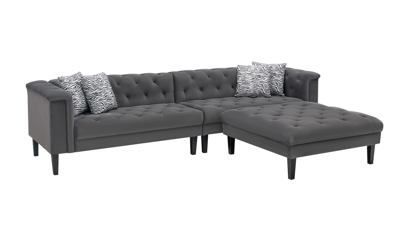 Lilola Home Mary Dark Gray Velvet Tufted Sofa Ottoman Living Room Set with 4 Accent Pillows