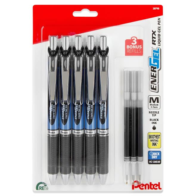 Pentel Energel 0.5 Mm Needle Tip Pens - Energel Rtx Retractable Liquid Gel Pen Set - Pack Of 5 Black Pens With 3 Refills