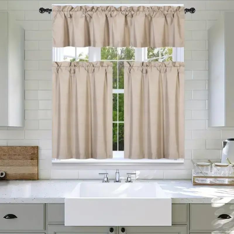 3Pc Set Solid Faux Silk Lined Blackout Rod Pocket Small Kitchen Window Curtain With Valance (K3) (Taupe Tan)
