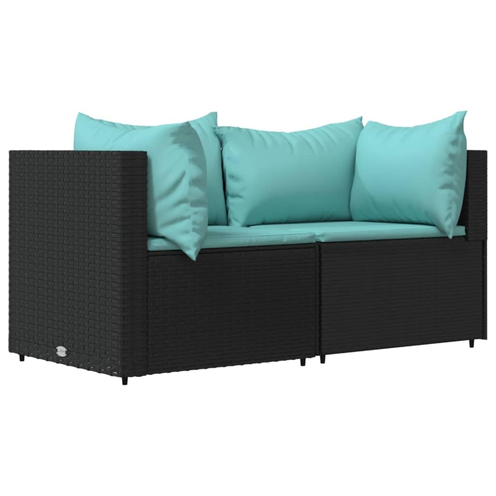 vidaXL Black Poly Rattan 3 Piece Patio Lounge Set with Water Blue Cushions - Outdoor Weather- Modular Sofa Set with Sturdy Powde