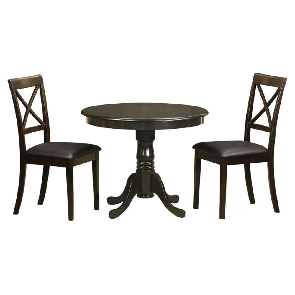 East West Furniture ANBO3-CAP-LC 3 Piece Dining Table Set for Small Spaces Contains a Round Kitchen Table with Pedestal and 2 Faux Leather Dining Room Chairs, 36x36 Inch, Cappuccino