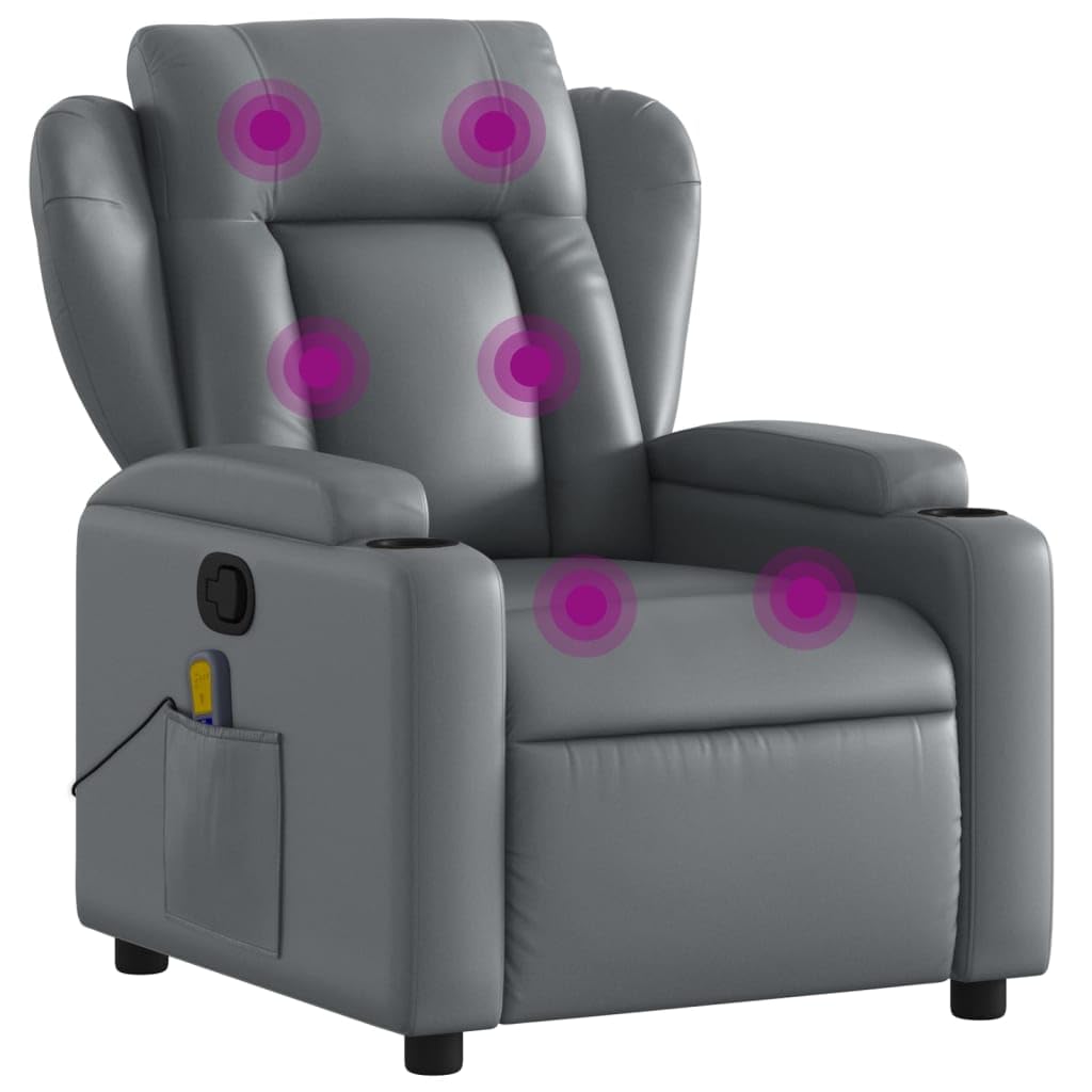 vidaXL Massage Recliner Chair - Gray Faux Leather, Manual Recline, 6-Point Vibration, Cup Holders, Side Pocket, Living Room & Office