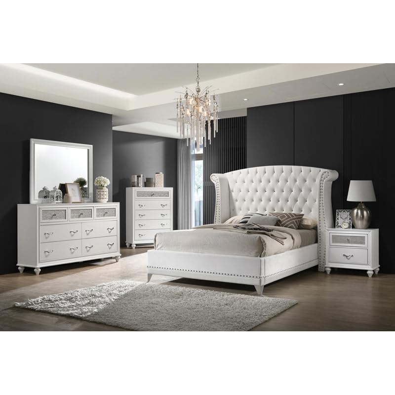 Coaster Home Furnishings Barzini Modern Classic 4-Piece Bedroom Set Velvet Upholstered Queen Size Wingback Bed Frame 63-inch Headboard White 300843Q-S4