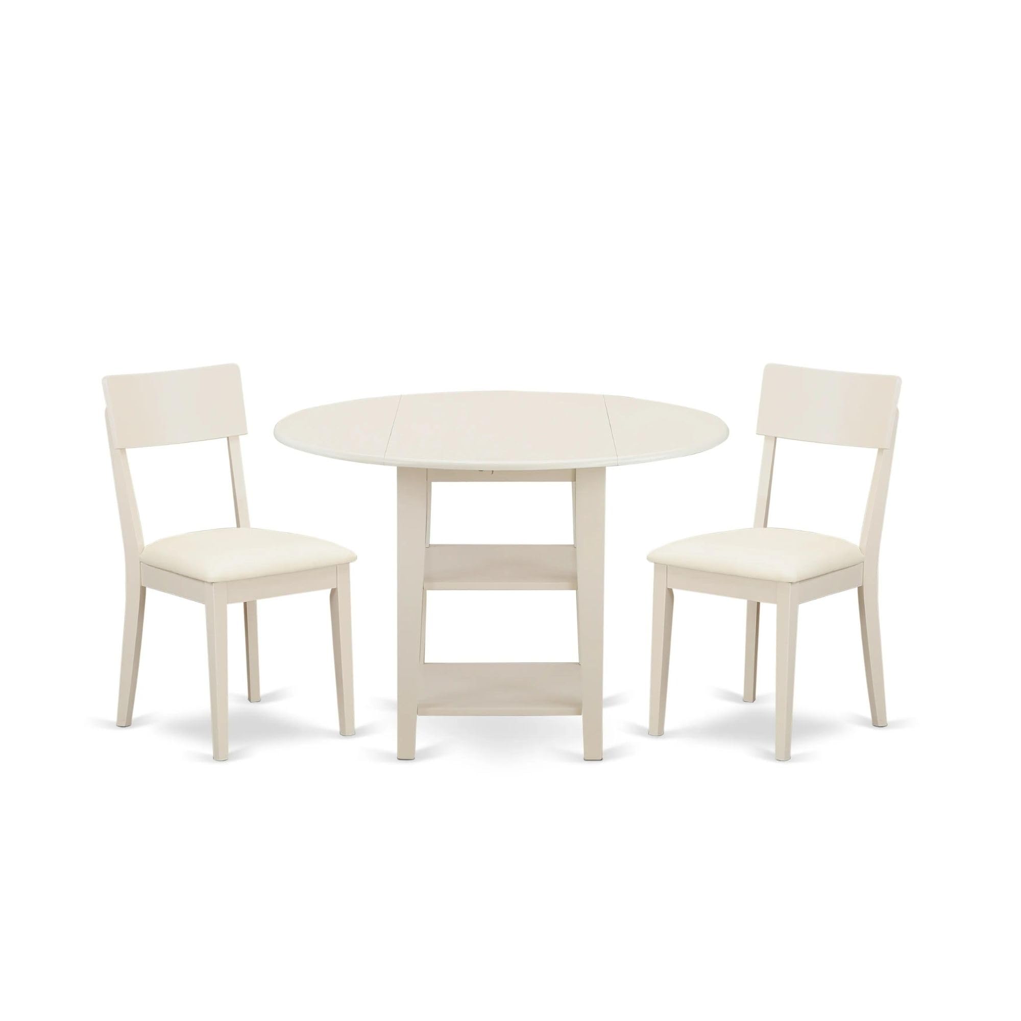 East West Furniture SUAD3-LWH-LC 3 Piece Dining Set Contains a Round Dining Room Table with Dropleaf & Shelves and 2 Faux Leather Upholstered Chairs, 42x42 Inch, Linen White