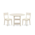 East West Furniture SUAD3-LWH-LC 3 Piece Dining Set Contains a Round Dining Room Table with Dropleaf & Shelves and 2 Faux Leather Upholstered Chairs, 42x42 Inch, Linen White