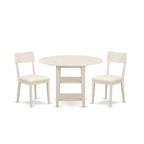 East West Furniture SUAD3-LWH-LC 3 Piece Dining Set Contains a Round Dining Room Table with Dropleaf & Shelves and 2 Faux Leather Upholstered Chairs, 42x42 Inch, Linen White