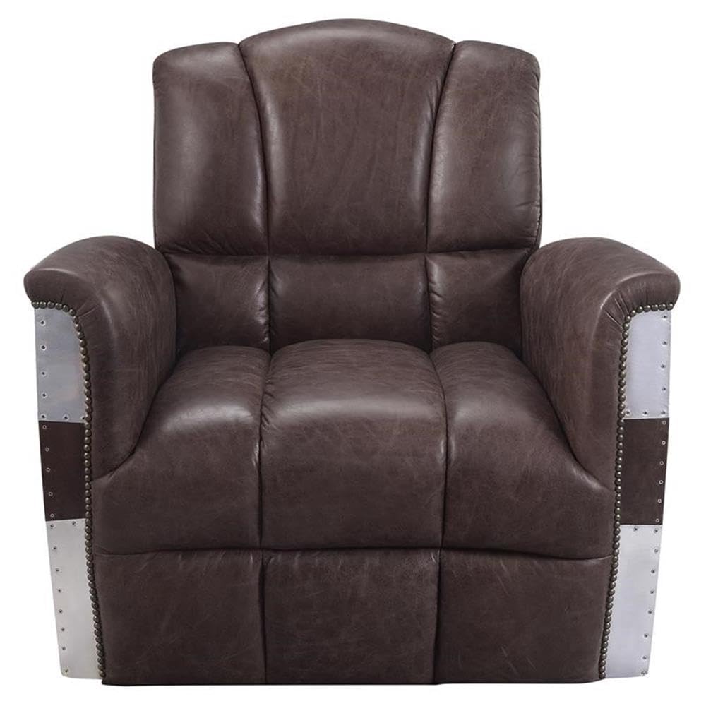 Acme Brancaster Top Grain Leather Accent Chair in Retro Brown and Aluminum