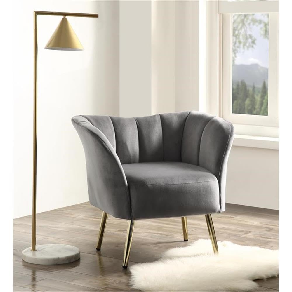 Acme Reese Velvet Tufted Upholstery Accent Chair in Gray and Gold