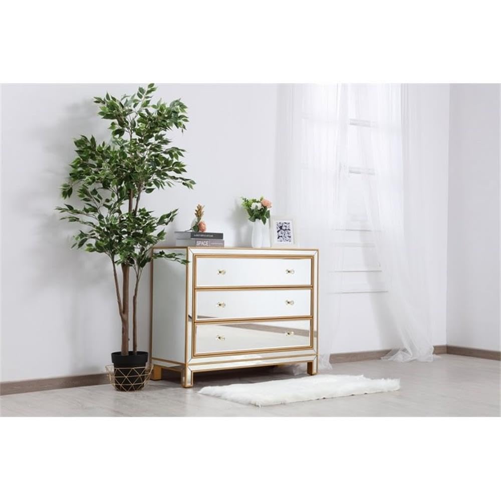 Elegant Decor Reflexion 3-Drawer Solid Wood and MDF Chest in Gold