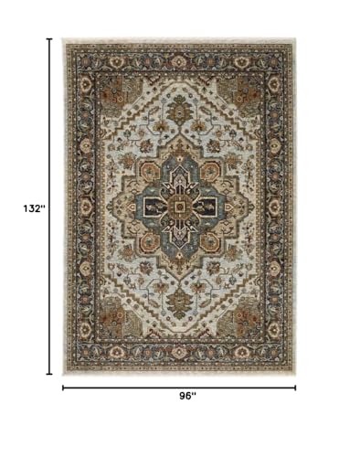 HomeRoots 508078 8 x 11 ft. Ivory Beige Blue Orange Gold Green Gray & Rust Oriental Power Loom Stain Resistant Rectangle Area Rug with Fringe