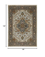 HomeRoots 508078 8 x 11 ft. Ivory Beige Blue Orange Gold Green Gray & Rust Oriental Power Loom Stain Resistant Rectangle Area Rug with Fringe