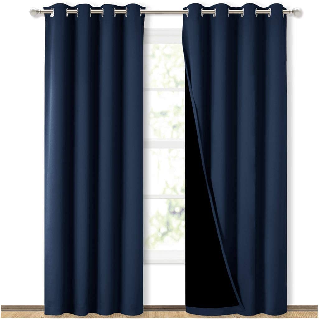BFAM Thermal Insulated Ring 100% Blackout Curtain for Bedroom with Black Liner, Double Layer Full Room Darkening Window and Door