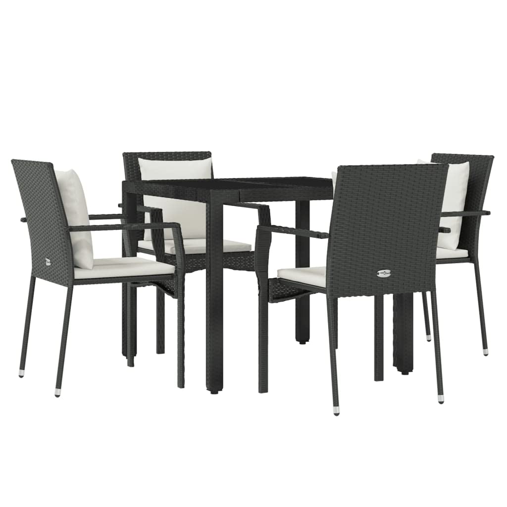 vidaXL Contemporary 5 Piece Patio Dining Set - Weather-Resistant Black Poly Rattan with Cushions - Sturdy Powder-Coated Steel Frame - Modular Design - Easy-to-Clean Tempered Glass Tabletop