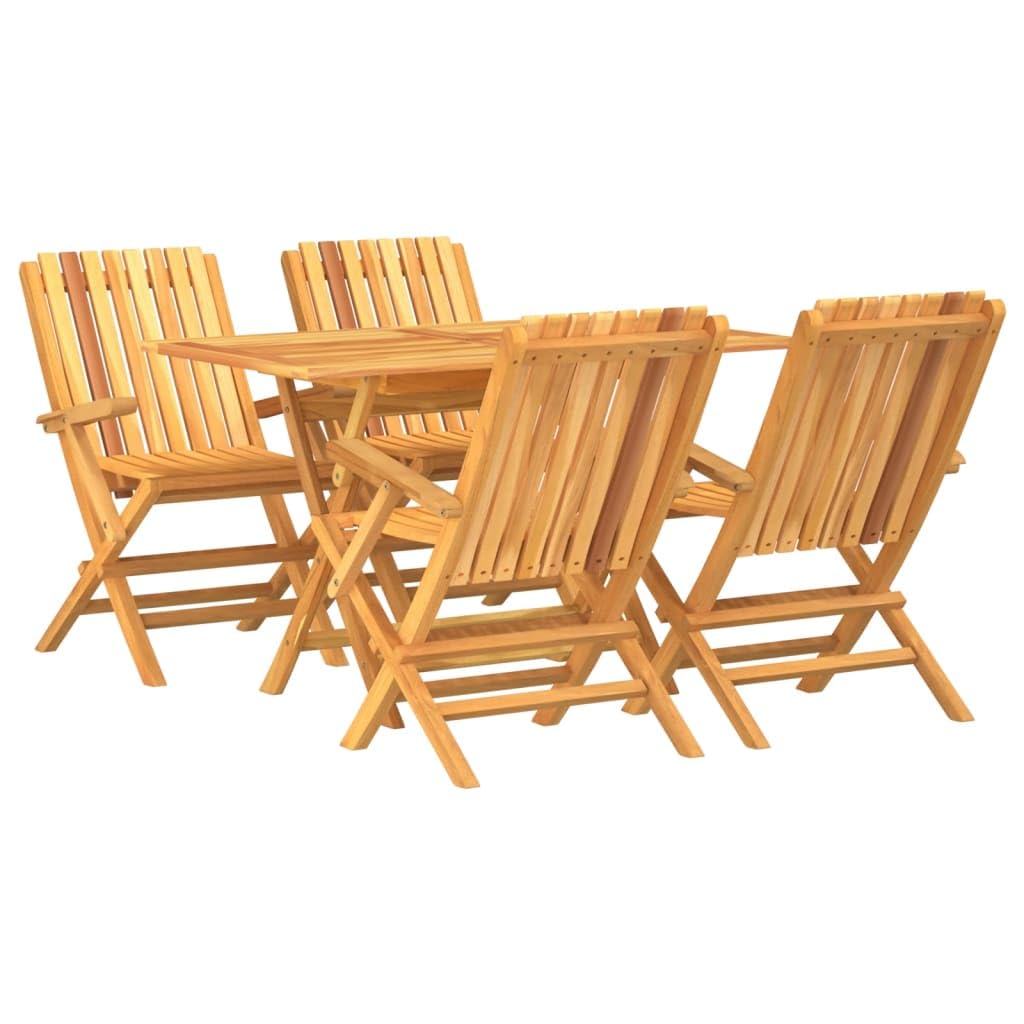 vidaXL 5-Piece Solid Teak Wood Patio Dining Set - Scandinavian Style Rectangular Folding Table & Chairs with Parasol Hole, Brown