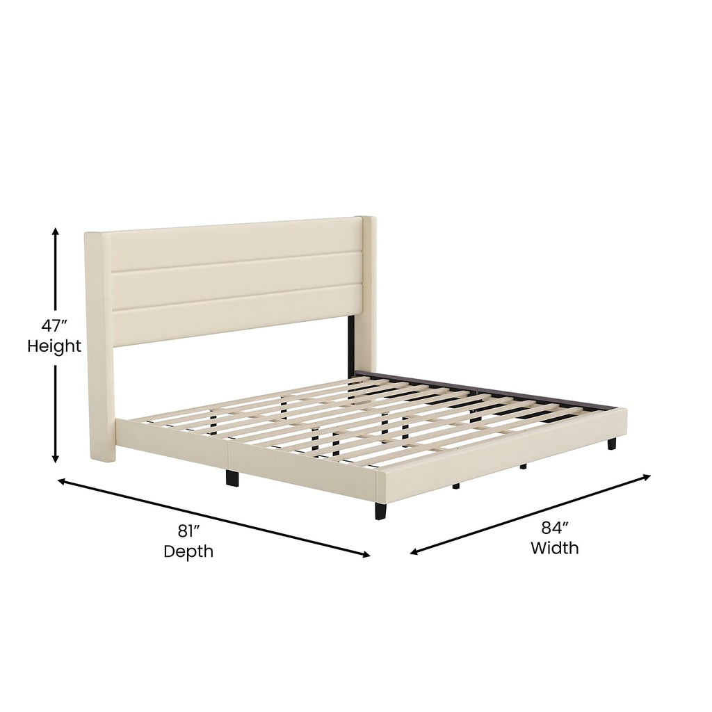 Flash Furniture Hollis Upholstered Platform Bed - Beige Faux Linen Wingback Headboard - King - Mattress Foundation with Slatted Supports - No Box Spring Needed