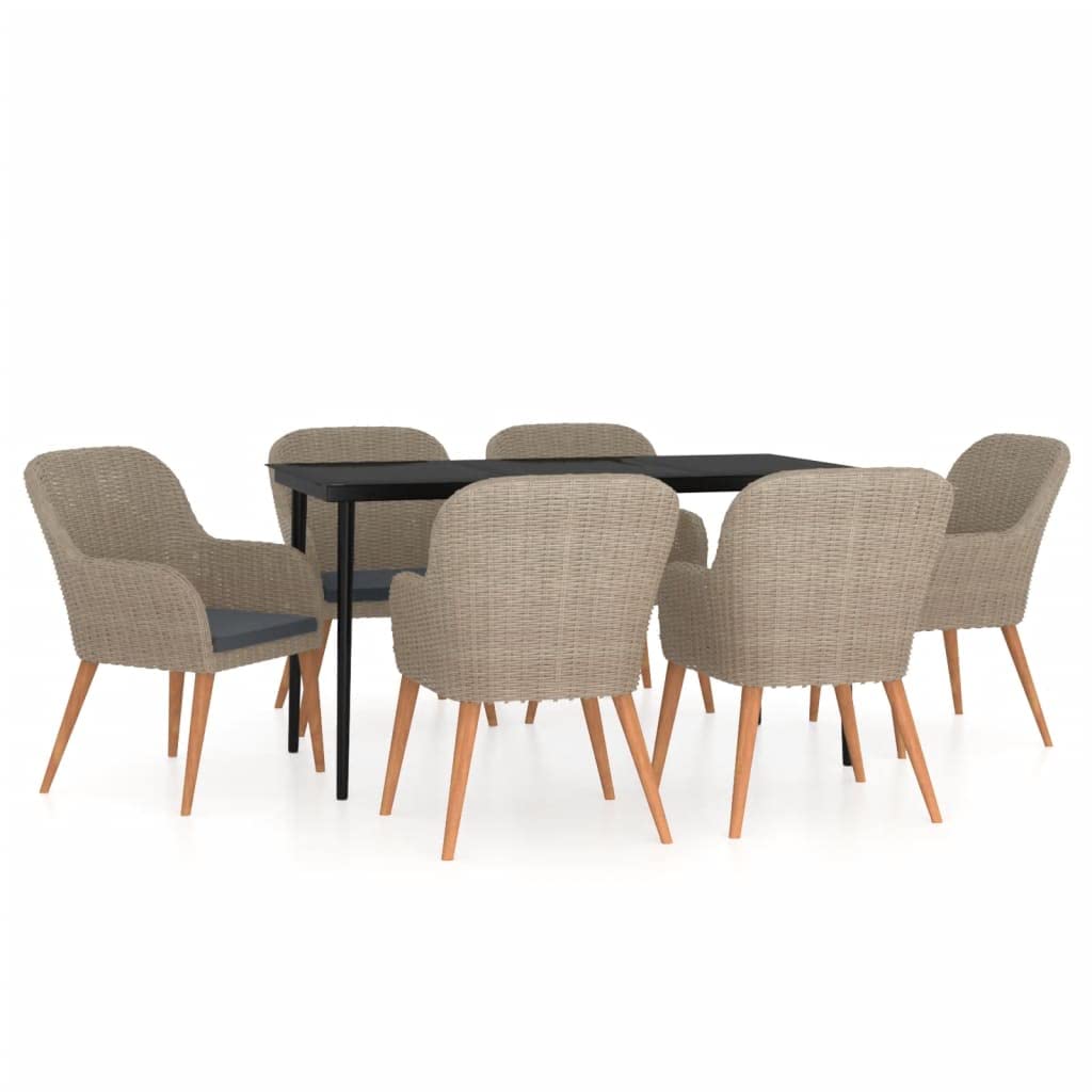 vidaXL Patio Dining Set 7 Piece with Cushions - Brown Outdoor Garden Furniture - Powder-Coated Steel Frame, PE Rattan Chairs, Smooth Glass Tabletop - Patio/Garden/Deck