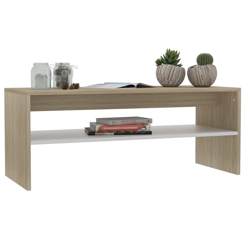 vidaXL Coffee Table with Shelf - Elegantly Designed Living Room Centerpiece - Constructed from Resistant Engineered Wood - Multifunctional White and Sonoma Oak Coffee Table.
