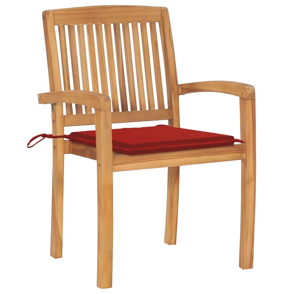 vidaXL 2X Solid Teak Wood Patio Chairs with Red Cushions Garden Outdoor Balcony Backyard Terrace Lounge Seating Home Furniture Wooden