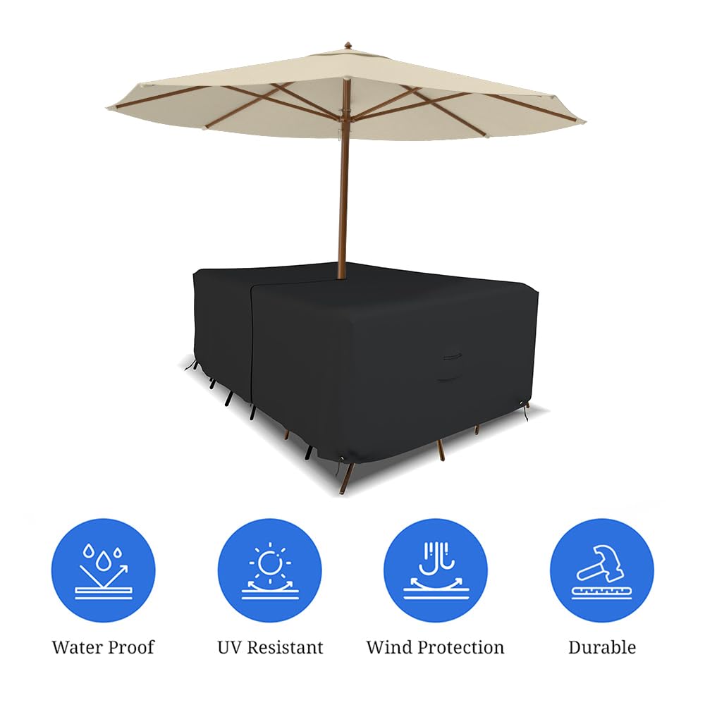 Covers & All Rectangle Table & Chair Set Cover, Umbrella Hole, 12 Oz Waterproof Uv & Weather Resistant, Patio Lawn Garden Backyard Furniture, Air Vents & Drawstrings (76''L X 46''W X 30''H, Black)